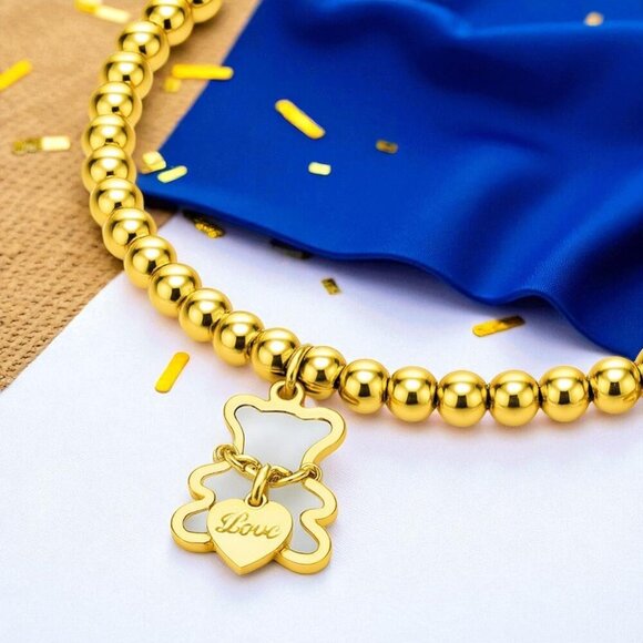 🆕️Whimsical 18K Gold Plated Stainless Steel Bear Charm Beaded Dainty Bracelet - Picture 6 of 14